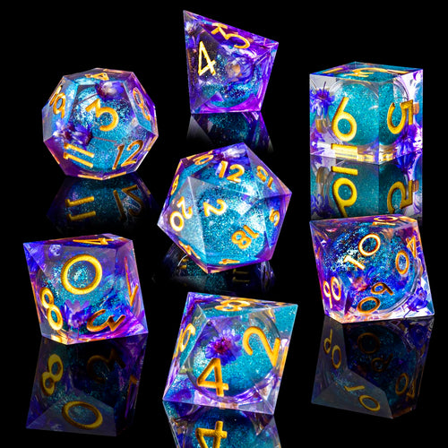 Role dice Liquid Core DND Dice Set 7pcs Sharp Edge Dice for Role Playing Dungeons and Dragons Ttrpg with Gift Box Handmade Resin D&D Dice RPG Role Playing Games Dice Set(Purple Flower)