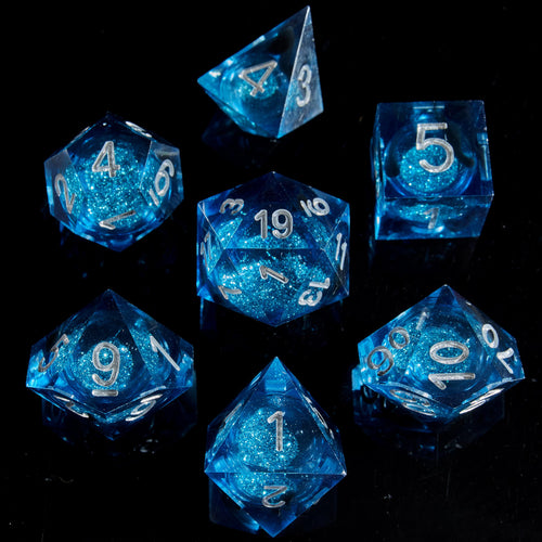 Fugacity DND Dice Set Liquid Core Handmade Sharp Edge 7 Piece Resin Dice-Dungeons and Dragons Polyhedral Dice Set D&D Dice Set with Gift Dice Case for RPG MTG Table Games(Blue Sand & Silver)