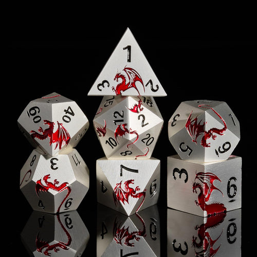 Metal Dice Set D&D HNCCESG Polyhedral Dice 7 Piece Dice Dragon Metallic DND Dice Set for Dungeons and Dragon RPG Tabletop Game(Matte Silver Red Dragon)