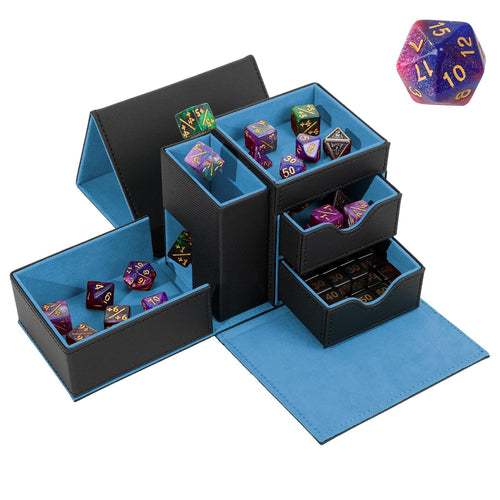 Dice Tray & Dice Tower Storage Box 3 in 1 Dice Holder Case (Dice Rolling Tray Dice Rolling Tower Dice Storage Drawers) Leather Magnetic Closure DND Accessories Gifts for RPG MTG Black/Blue
