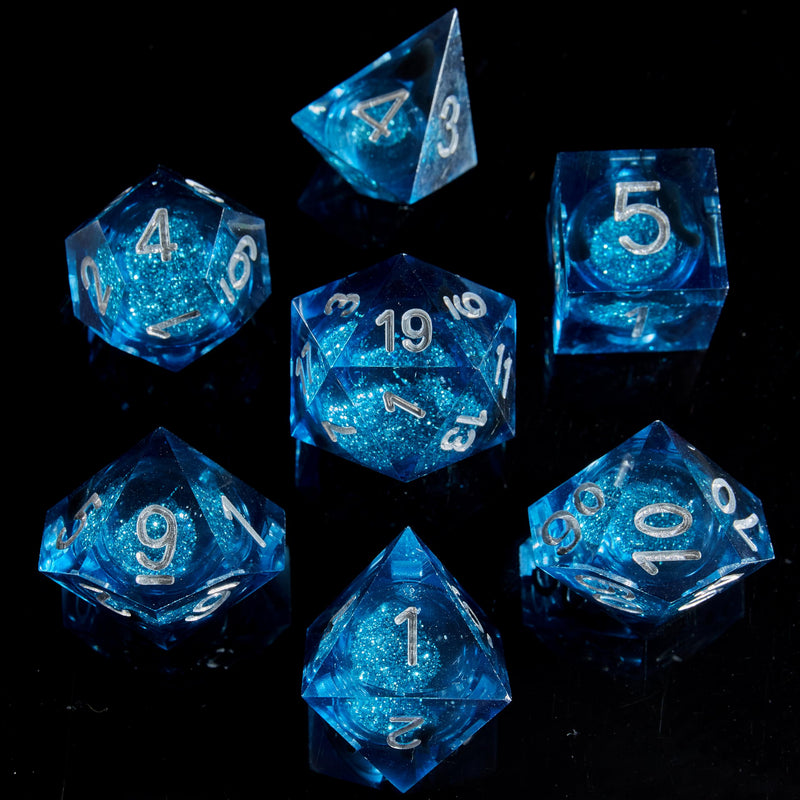 Fugacity DND Dice Set Liquid Core Handmade Sharp Edge 7 Piece Resin Dice-Dungeons and Dragons Polyhedral Dice Set D&D Dice Set with Gift Dice Case for RPG MTG Table Games(Blue Sand & Silver)