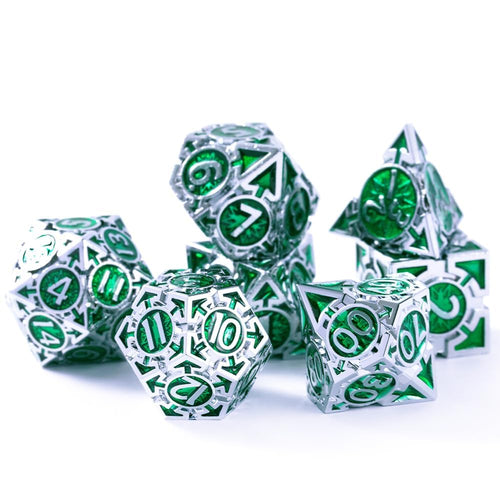 RULE DICE DND Metal Dice Set D&D Dungeons and Dragons Dice Cool Large Weighted 7 die Green Metal DND Dice Set RPG MTG Role Playing Polyhedral Dice Set with D & D Dice Gifts Box D and D Dice Set